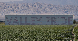 Filmstill aus Valley Pride. Eine Feld. Im Hintergrund ein Berg und eine Lagerhalle mit der Aufschrift Valley Pride.