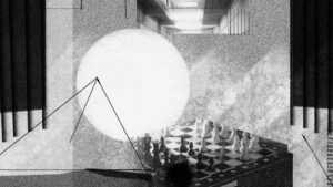 Filmstill aus Biegen und Brechen: ein gezeichnetes Bild von einem hellen Kreis, abstrakten Formen und einem Schachbrett vor einer Wand und einem langen Gang.
