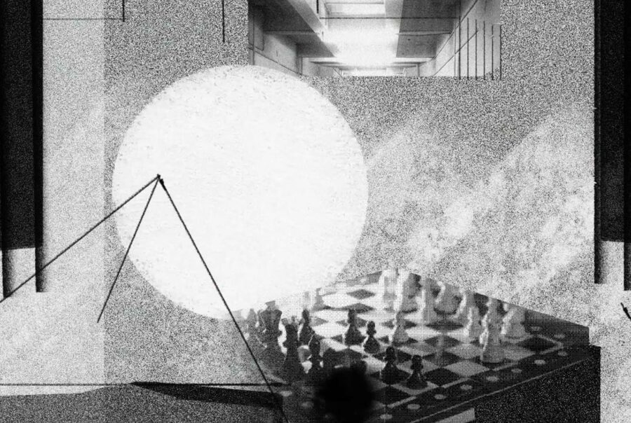 Filmstill aus Biegen und Brechen: ein gezeichnetes Bild von einem hellen Kreis, abstrakten Formen und einem Schachbrett vor einer Wand und einem langen Gang.